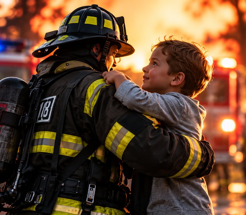 A firefighter in turnout gear carries a young boy away from the engines at golden hour.