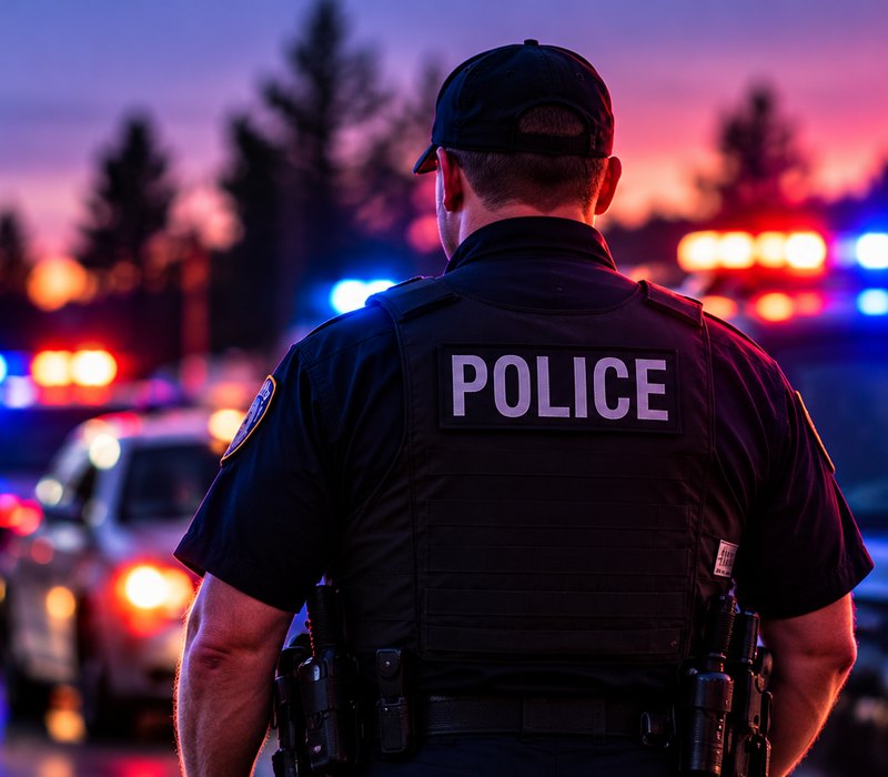 A police officer stands with his back to the camera as patrol lights flash through the twilight.
