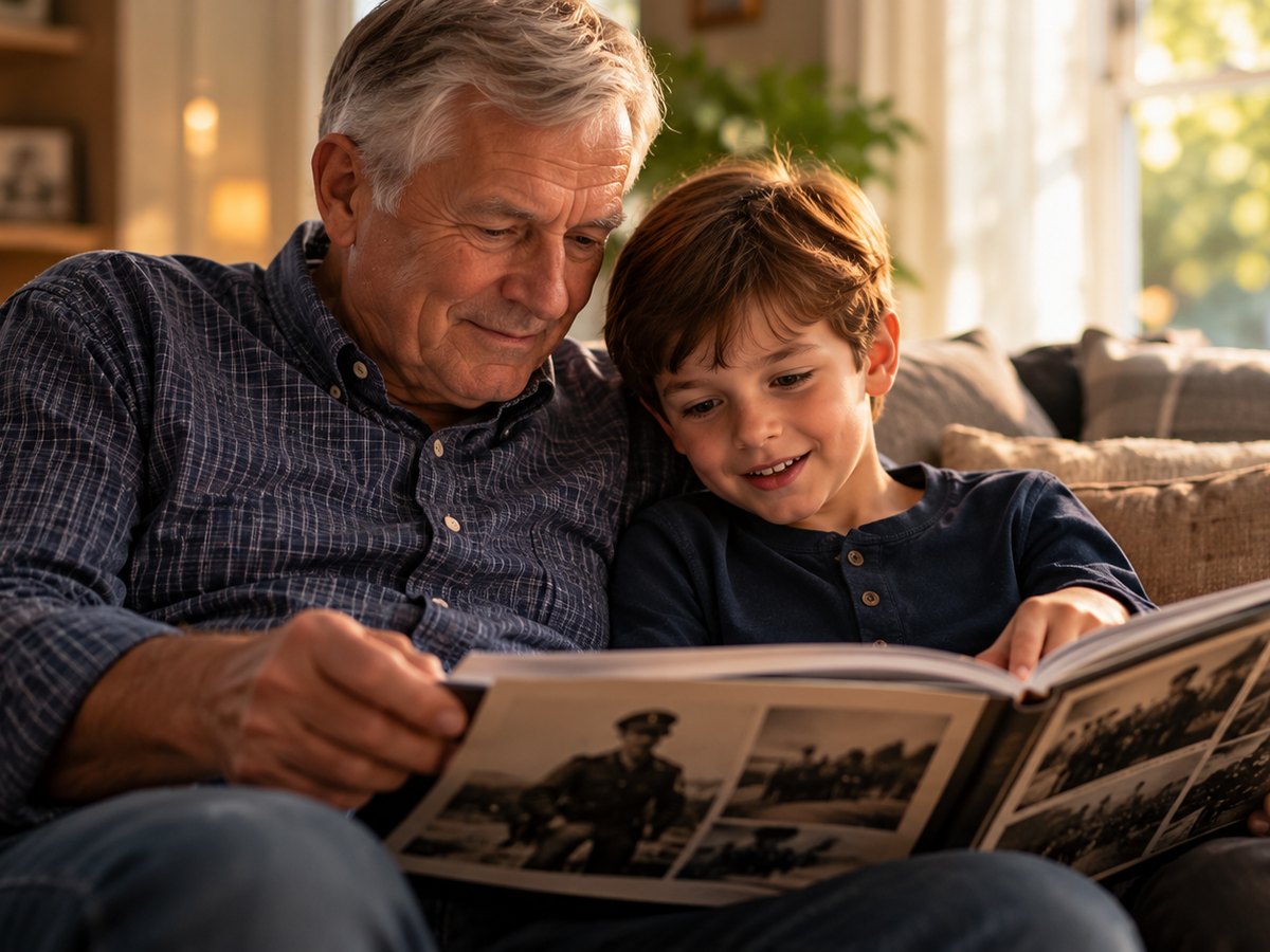 A grandfather and his grandson sit on the sofa turning the pages of a finished legacy book.