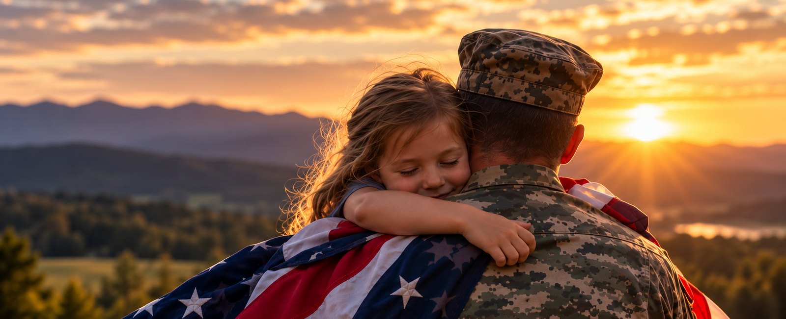 A young girl holds a service member close at sunset, an American flag wrapped around them, mountains behind.