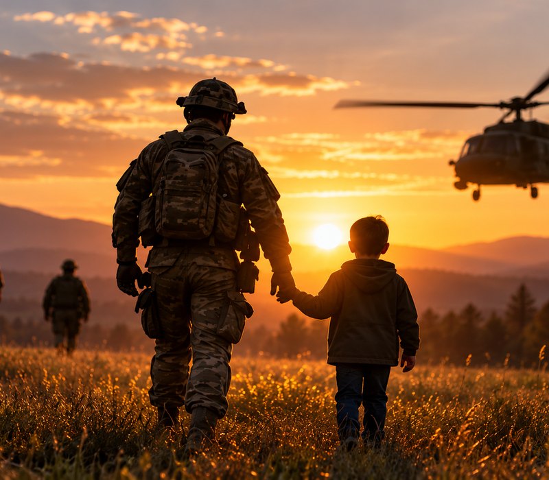 Soldiers walk a field at sunset, one holding a child by the hand, a helicopter on the horizon.
