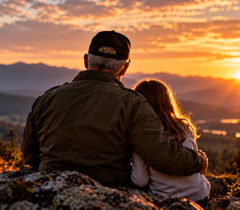 A veteran in a service cap shares a quiet moment with his granddaughter at sunset.